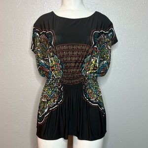 Black & Colorful Patterned Cinched Waist Elastic Detail. Size Medium